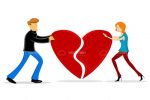 Illustrated Male and Female Pulling a Red Heart in Two